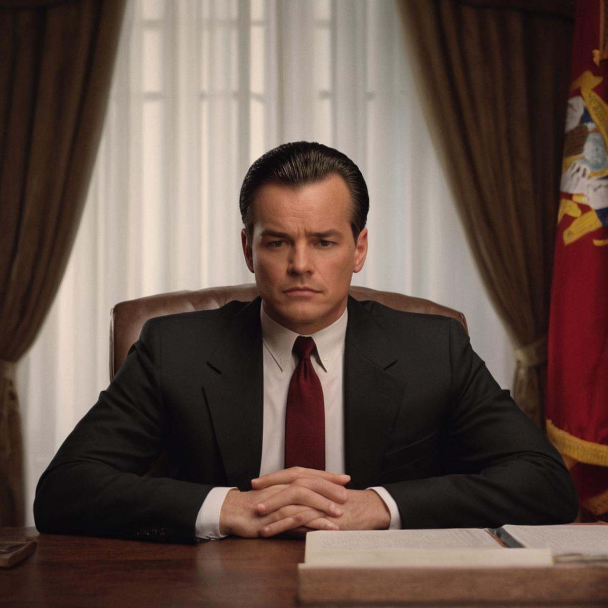 cinematic film still of President Michael Dugan a man in a suit sitting at a desk,  solo,  shirt on Tensor.Art