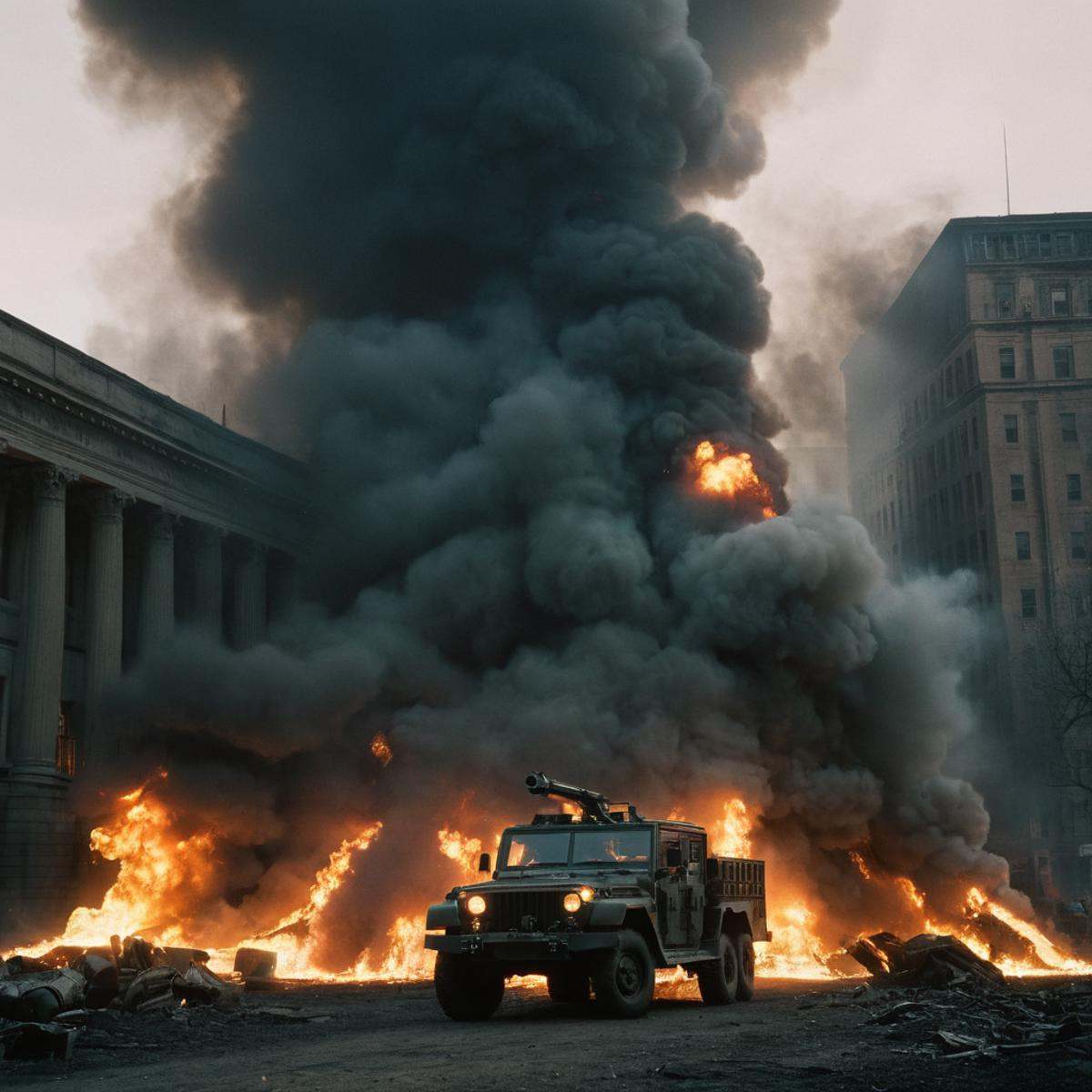cinematic film still of Allied a fire is raging through a building,  outdoors,  no humans on Tensor.Art