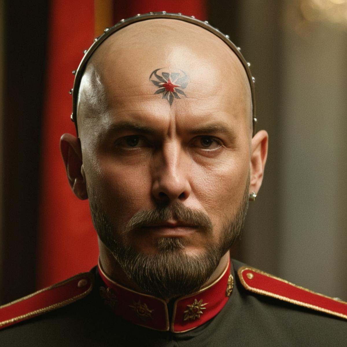 cinematic film still of A band of psychic simulators is surgically implanted into his skull,  and connected to a psi colla...