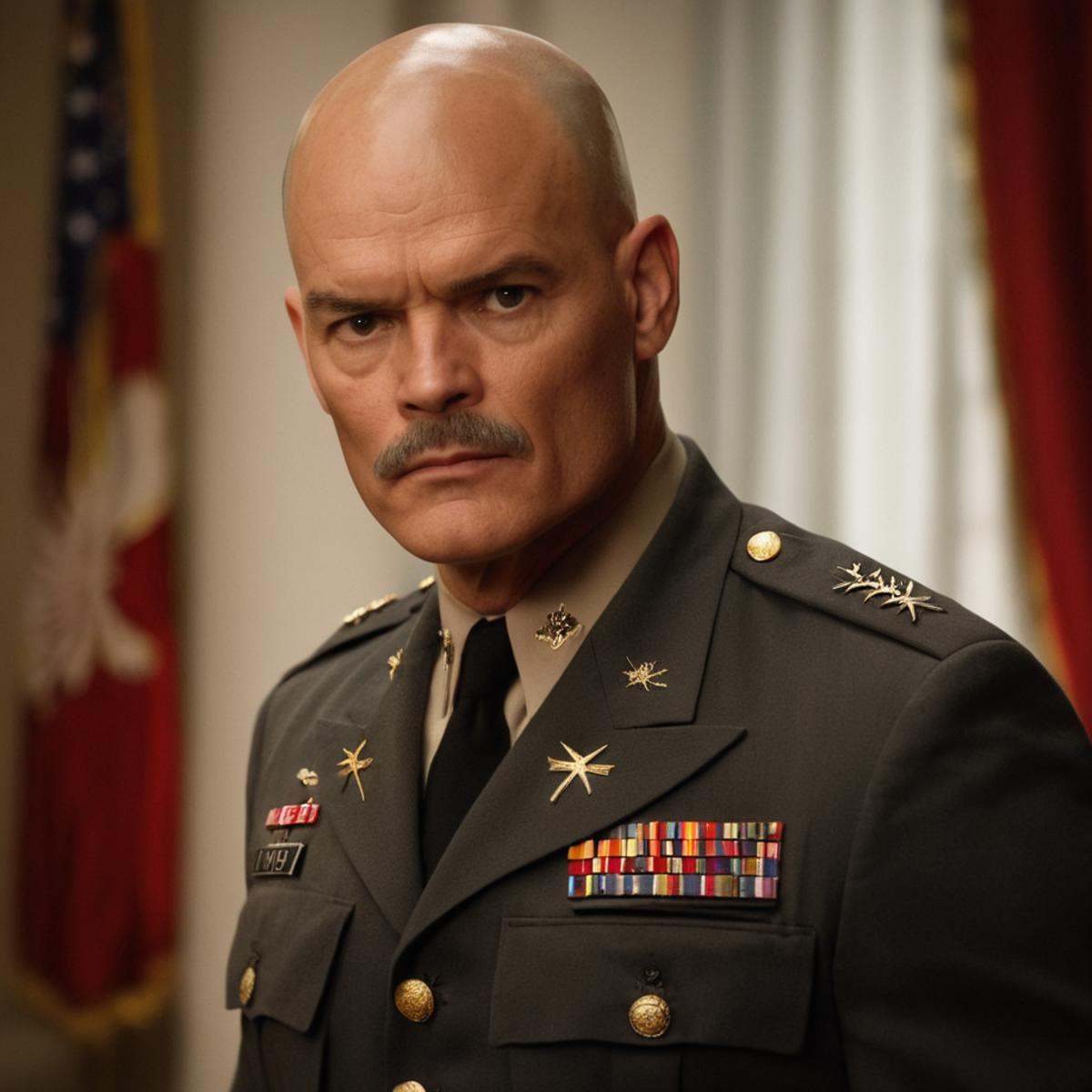 cinematic film still of General Ben Carville a bald man in a military uniform standing in a room,  solo,  1boy on Tensor.Art