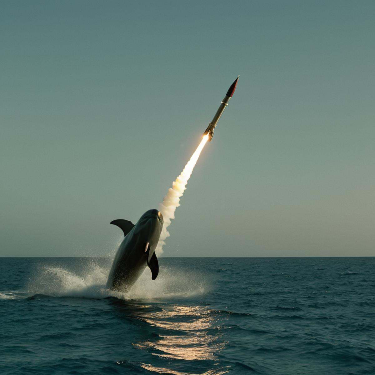 cinematic film still of Allies,  USA,  a a dolphin are playing with a rocket missile Allied Forces on Tensor.Art