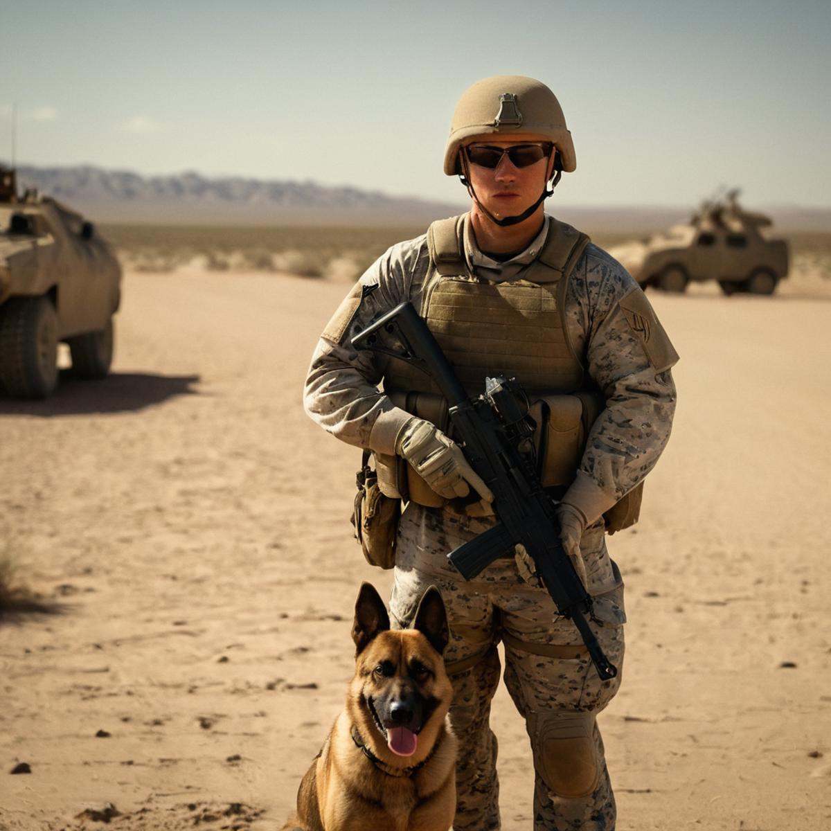 cinematic film still of Allies,  USA,  a soldier with a k9 dog in a desert Allied Forces on Tensor.Art