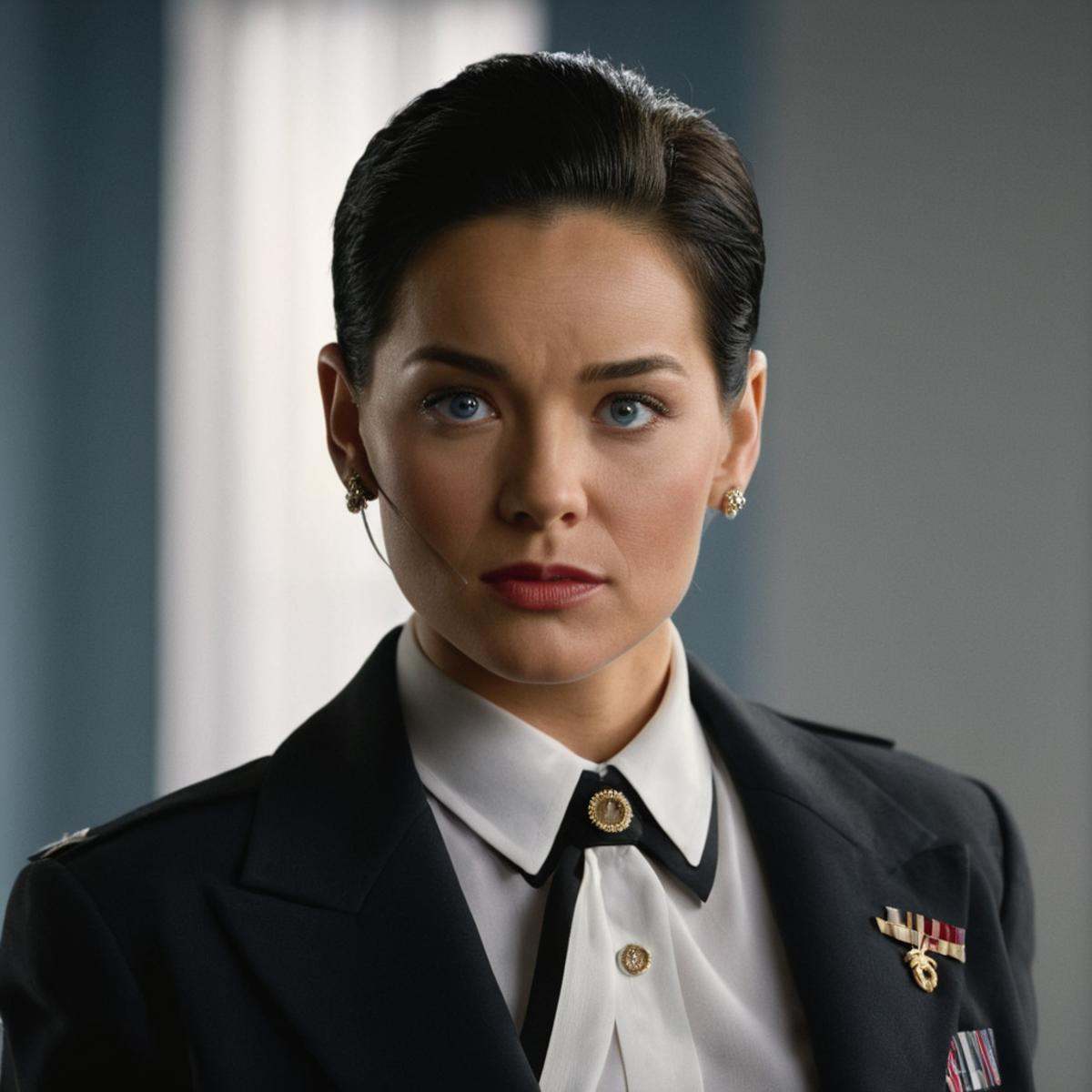 cinematic film still of Lieutenant Eva Lee a woman in a suit and tie is making a face,  solo,  looking at viewer on Tensor...