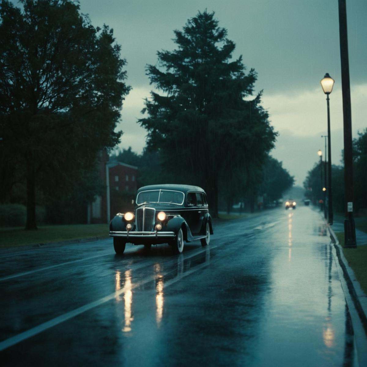 cinematic film still of classic film noir style a car is driving through the rain in front of a bus stop,  cinematic,  fil...