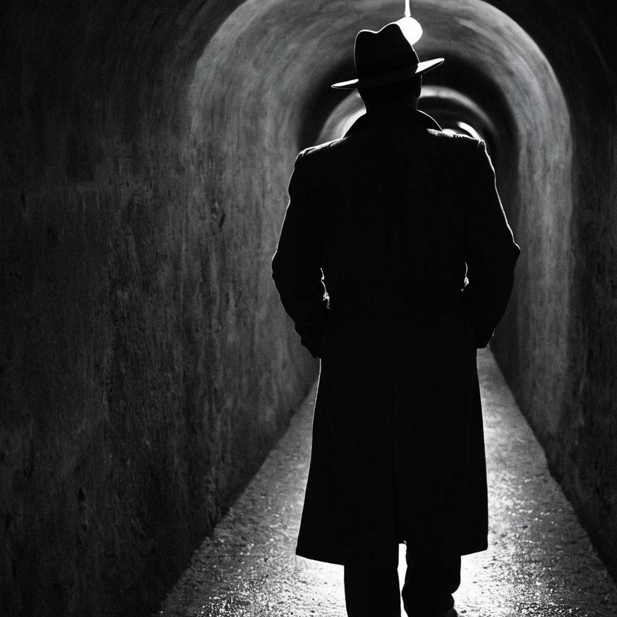 Film noir style,  classic film noir style a man in a hat and coat walking through a tunnel,  cinematic on Tensor.Art
