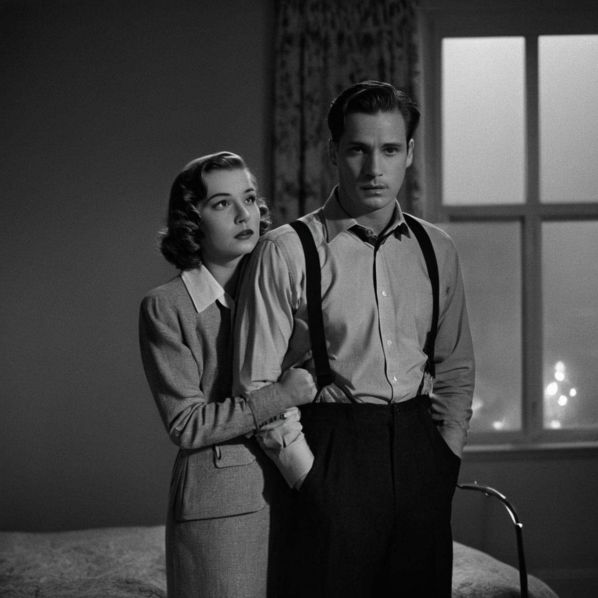 Film noir style,  a man holding a woman in a bedroom,  cinematic on Tensor.Art