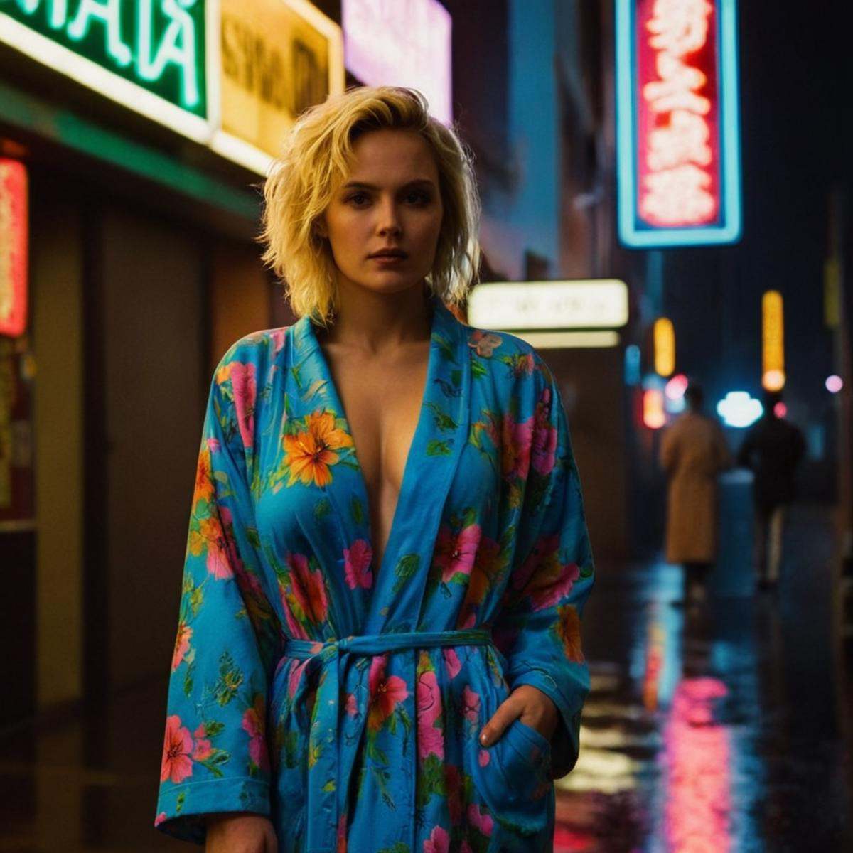 Neon noir,  classic film noir style of 1980's Shelly Webster blonde choppy hair a woman in a floral robe posing naked In g...