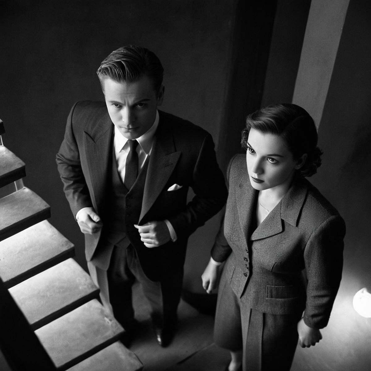 Film noir style,  classic film noir style from above,  looking up on Tensor.Art
