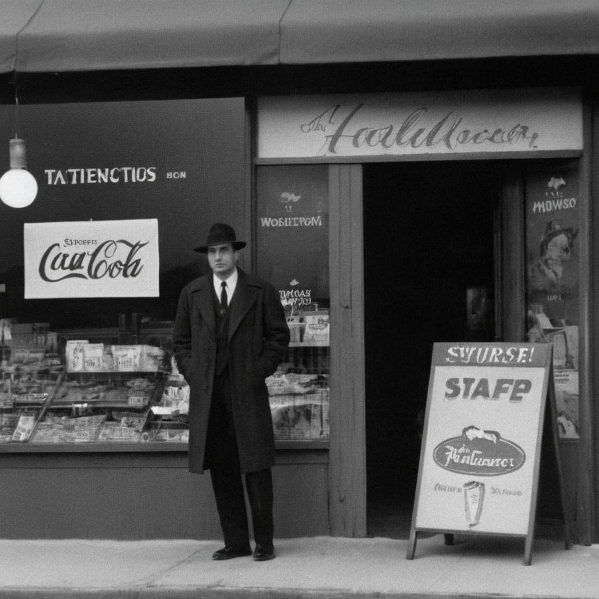 Film noir style,  classic film noir style of a man standing in front of a store Cinematic Vintage Hollywood Film Style,  M...