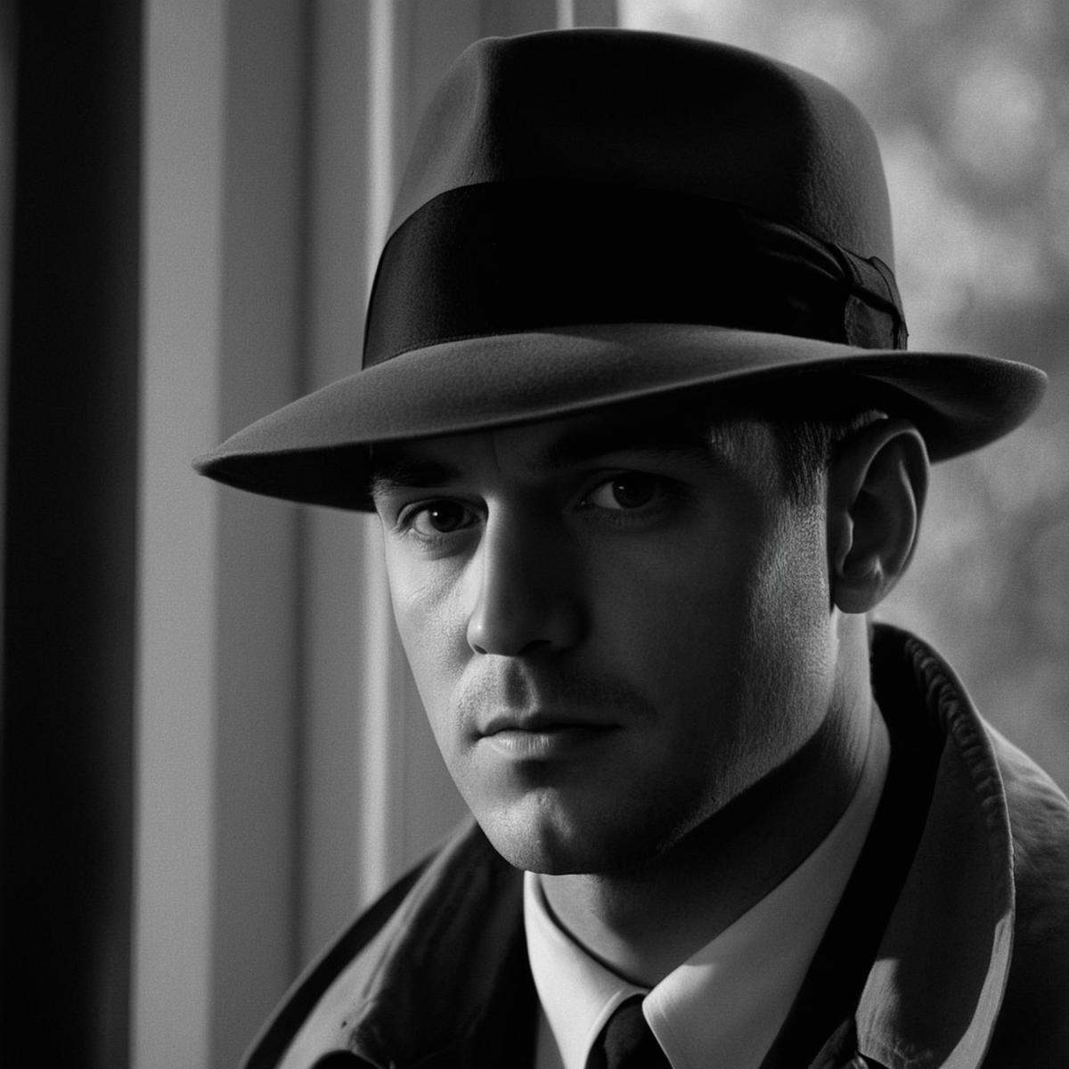 cinematic film still of classic film noir style a man in a hat and trench coat holding a gun,  cinematic,  film on Tensor.Art