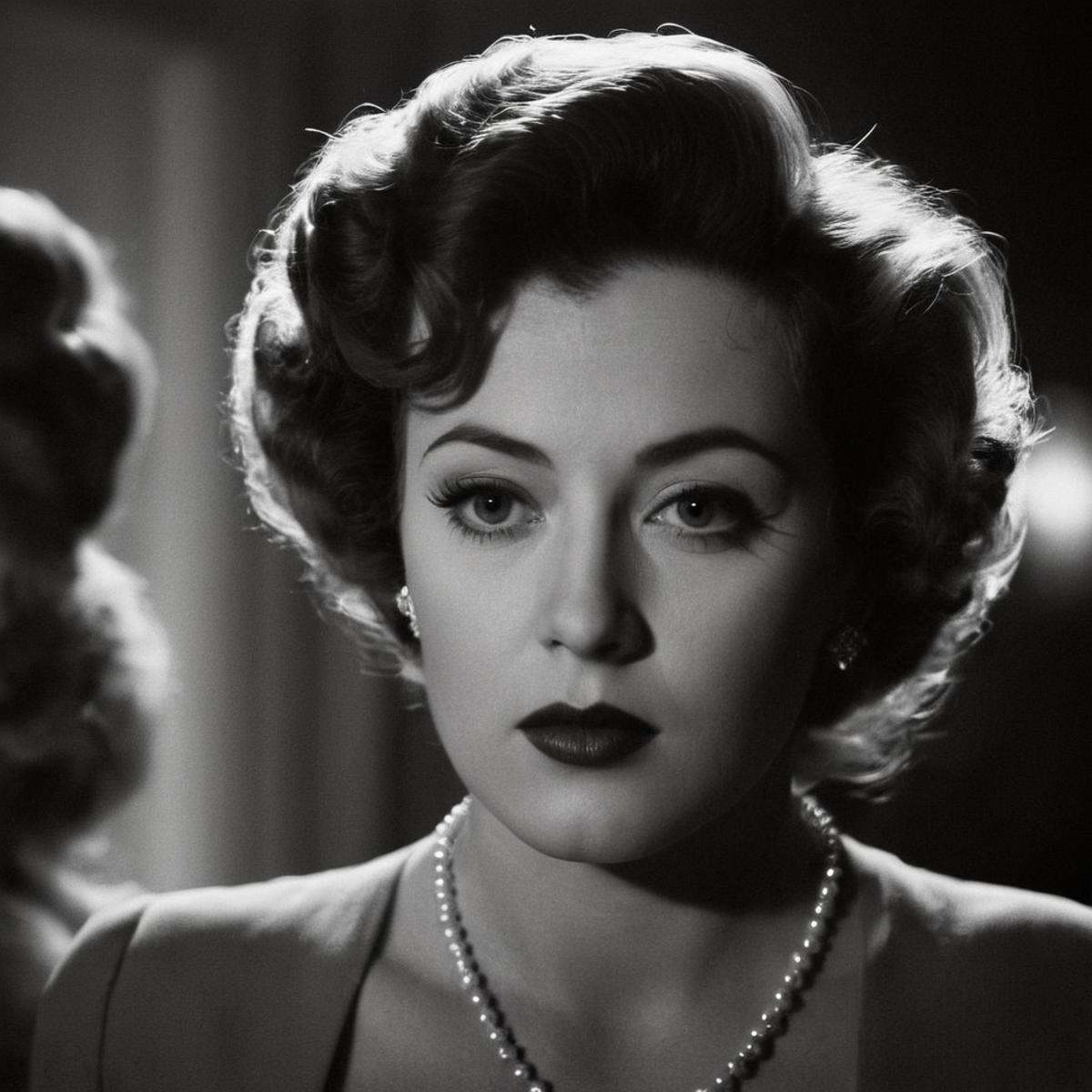 Film noir style,  classic film noir style a woman with a very large hairdo and a necklace,  cinematic on Tensor.Art