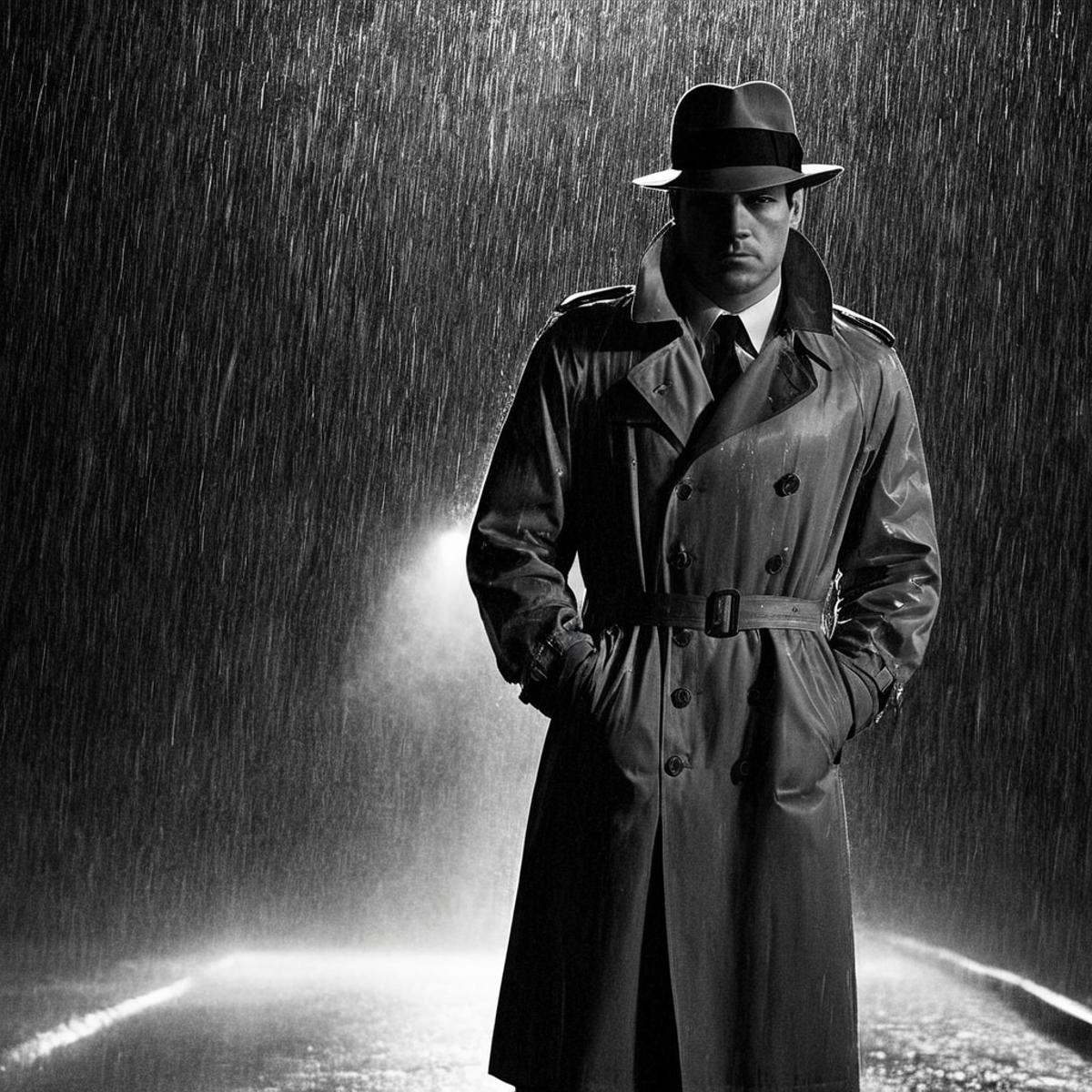 Film noir style,  classic film noir style of a man in a trench coat standing in the rain sin city style,  Monochrome on Te...