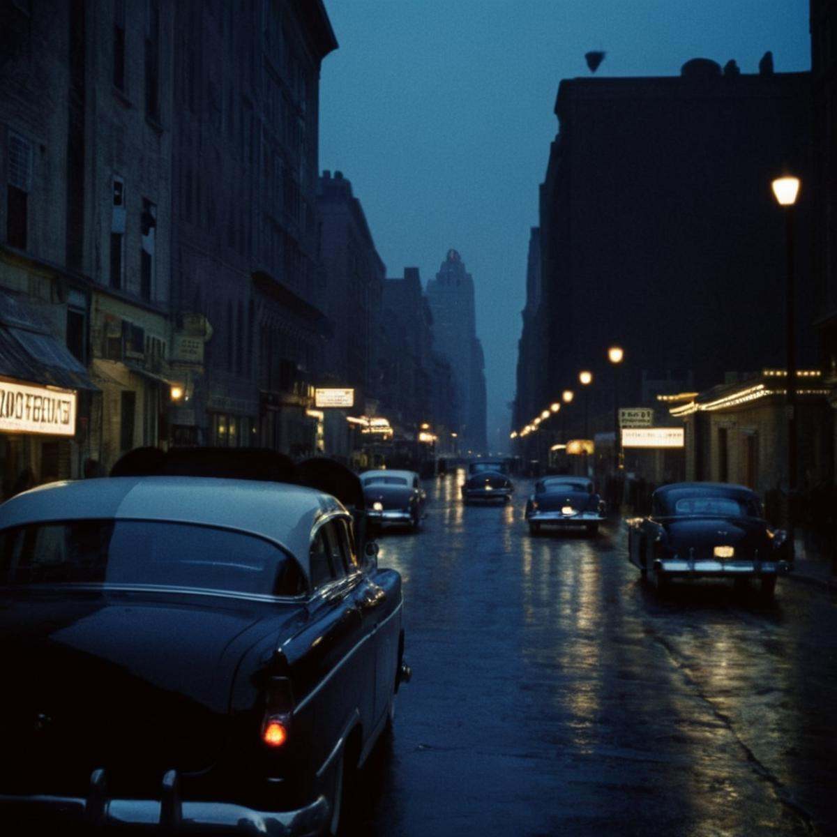 Film noir style,  classic film noir style a city street with a lot of cars and people,  cinematic on Tensor.Art