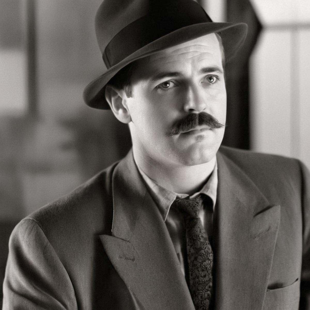 Film noir style,  classic film noir style of a man with a mustache and a shirt Cinematic Vintage Hollywood Film Style,  Mo...
