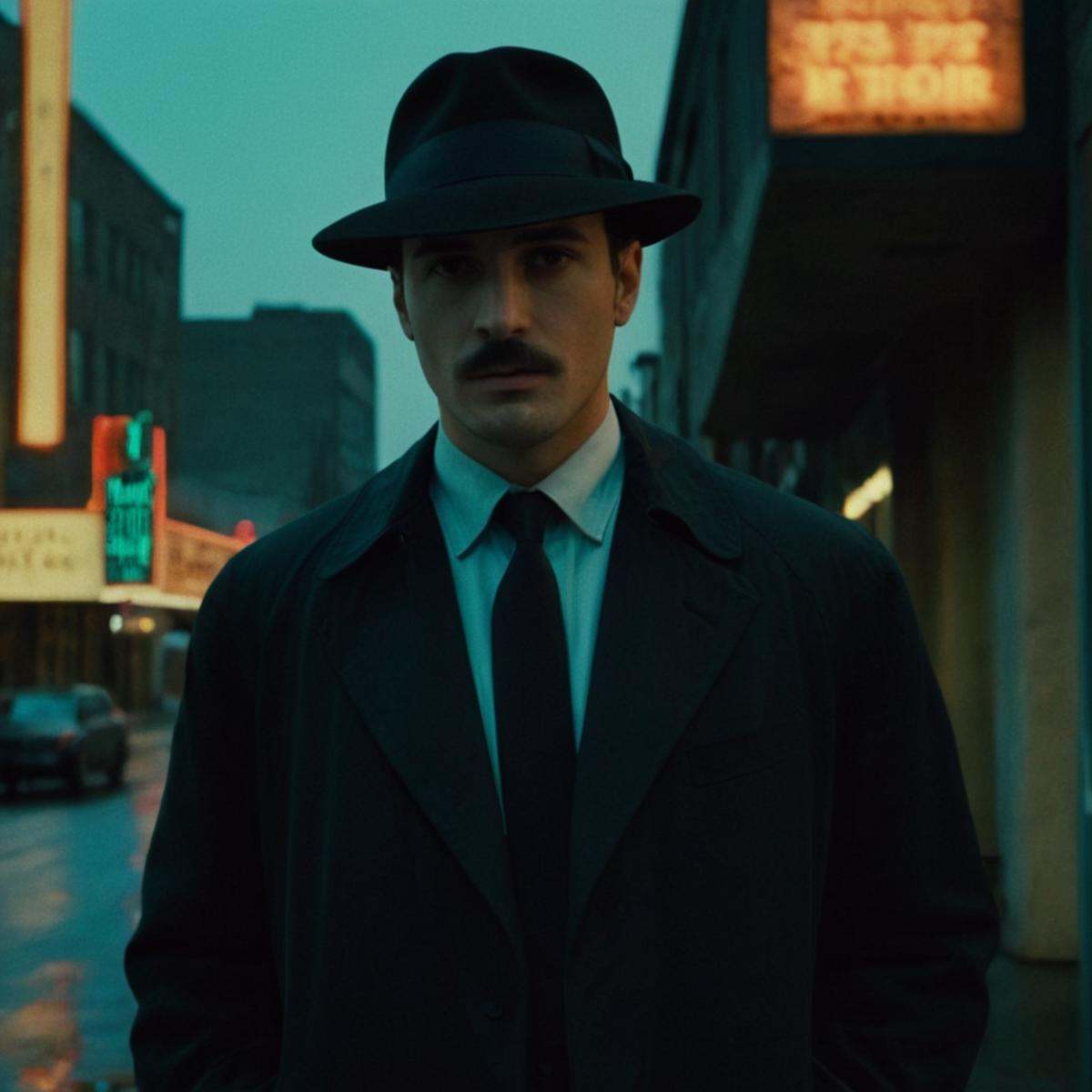 Neon noir,  classic film noir style a man in a hat and coat standing outside of a building,  cinematic on Tensor.Art