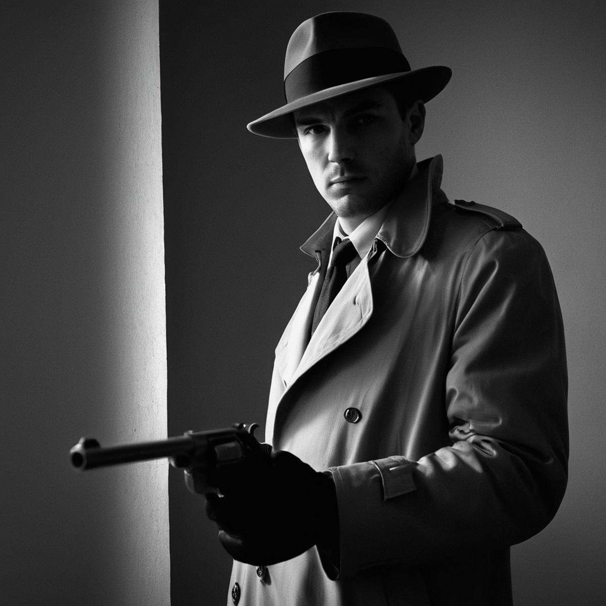 Film noir style,  classic film noir style a man in a trench coat holding a gun,  cinematic on Tensor.Art