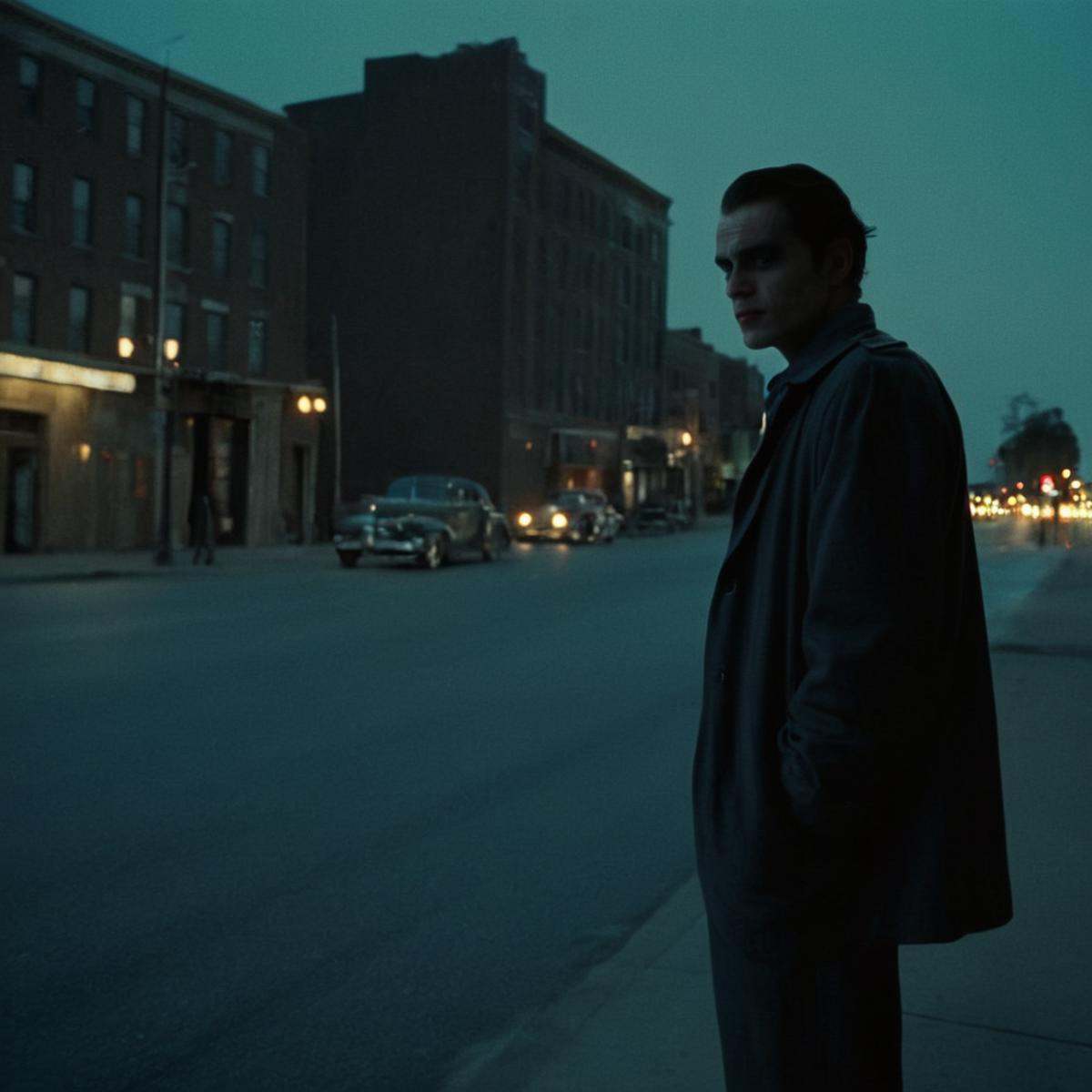 Film noir style,  classic film noir style the dark knight joker a man in joker costume standing on a city street at night,...