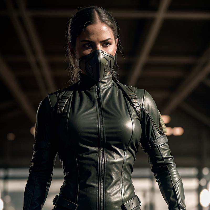 cinematic film still of Sonya Blade a military officer with the Special Forces a woman in a leather outfit and sunglasses...