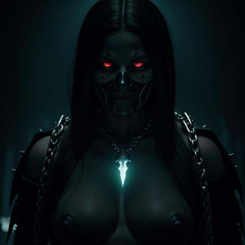 cinematic film still of Spawn a demonic looking female with a chain around her neck and glowing eyes Mortal Kombat Style,...