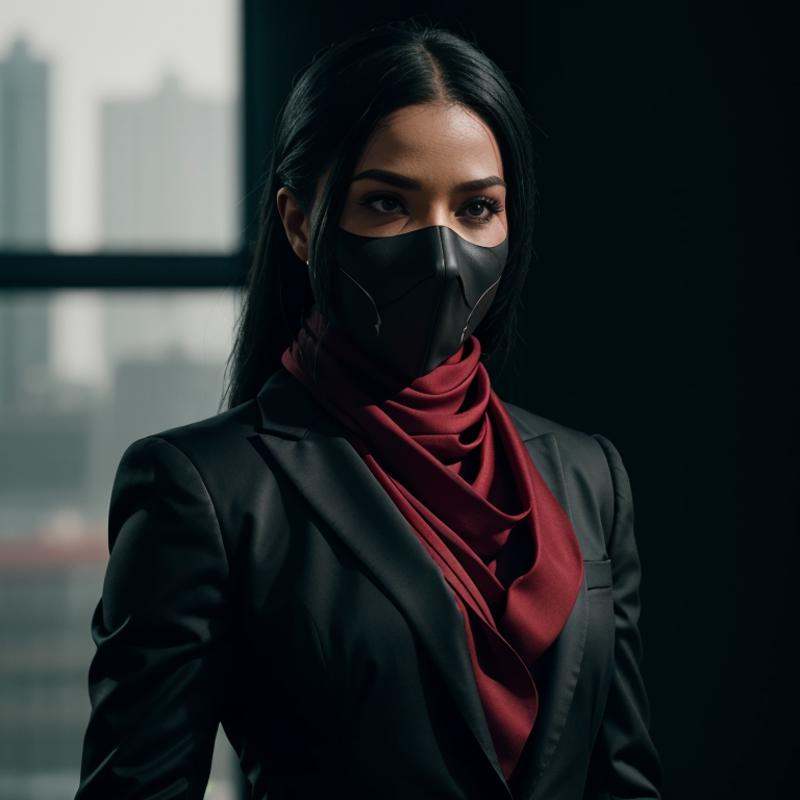 cinematic film still of Super Shredder a woman in a black suit with a red scarf Mortal Kombat Style,  shallow depth of fie...