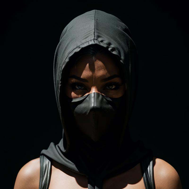 cinematic film still of Noob Saibot a woman with a mask and a hood on Mortal Kombat Style,  shallow depth of field,  vigne...