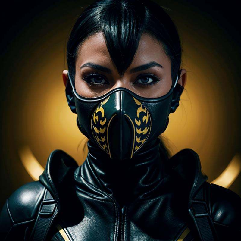 cinematic film still of Scorpion An undead ninja woman in a yellow and black outfit and a mask Mortal Kombat Style,  shall...