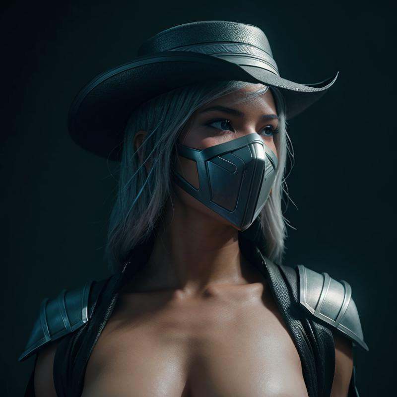 cinematic film still of Lord Raiden god of thunder who possesses control over lightning a woman in a costume and hat posin...