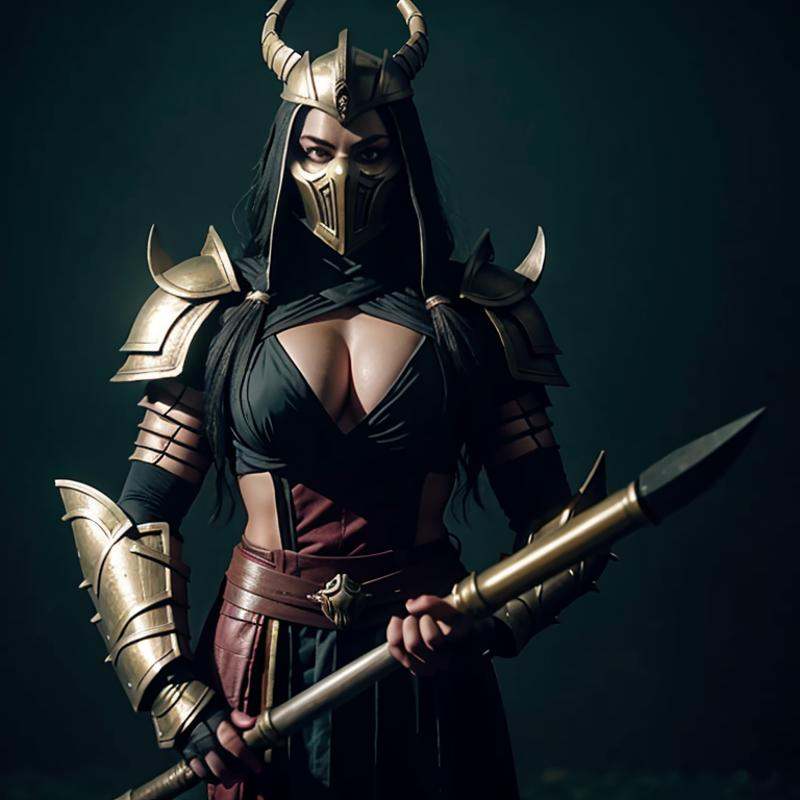 cinematic film still of Emperor Shao Kahn a woman in a costume holding a hammer and a hammer Mortal Kombat Style,  shallow...
