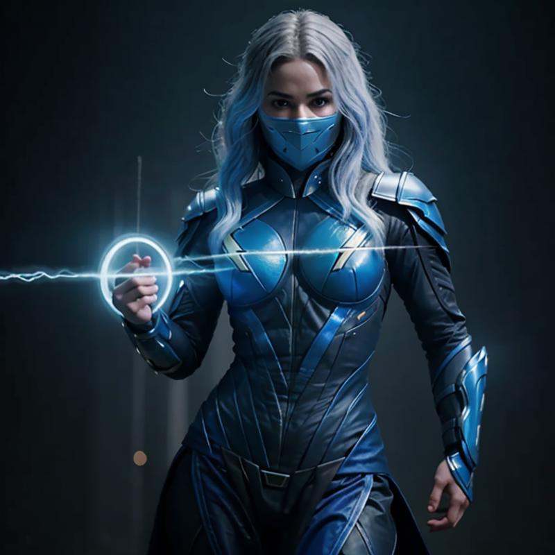 cinematic film still of Lord Raiden god of thunder who possesses control over lightning a woman in a blue outfit holding a...