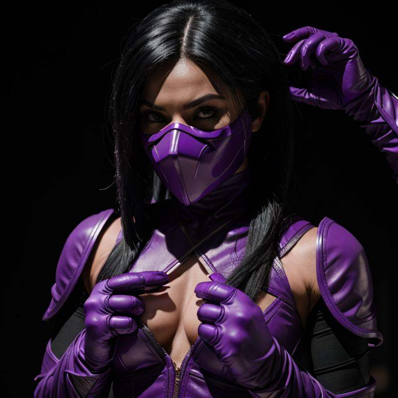 cinematic film still of Mileena a mutant hybrid clone woman with a purple mask and purple gloves Mortal Kombat Style,  sha...