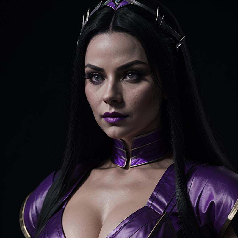 cinematic film still of Sindel Ruling Queen of Edenia a woman with a choke and a purple top Mortal Kombat Style,  shallow...