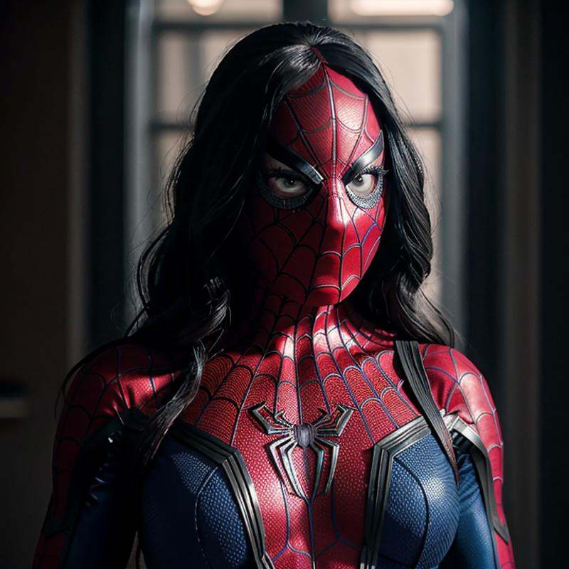 cinematic film still of a woman in a spider - man costume with a spider - man face Mortal Kombat Style,  shallow depth of...