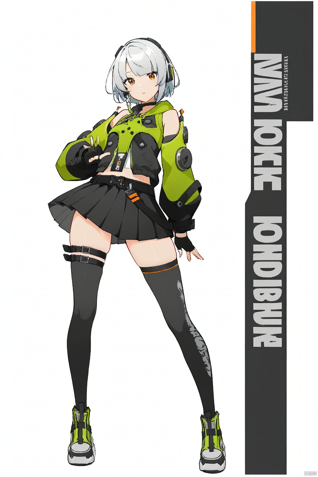 masterpiece, best quality,1girl,  solo,  looking at viewer,  haracter name, female woman, white background, \\\\\\\\\  masterpiece, best quality,1girl,\\\\\\\\\\\,full body,
anbi, default clothes, 1girl, black fingerless gloves, black thighhighs, orange eyes, black pleated skirt,
