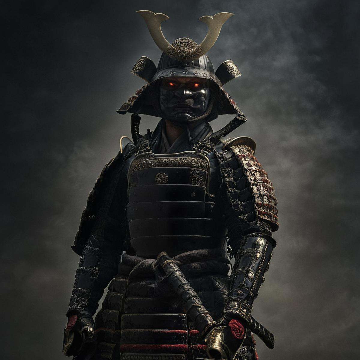 cinematic film still of Shogun Yoshimitsu a man in armor with a sword and a helmet,  solo,  red eyes on Tensor.Art