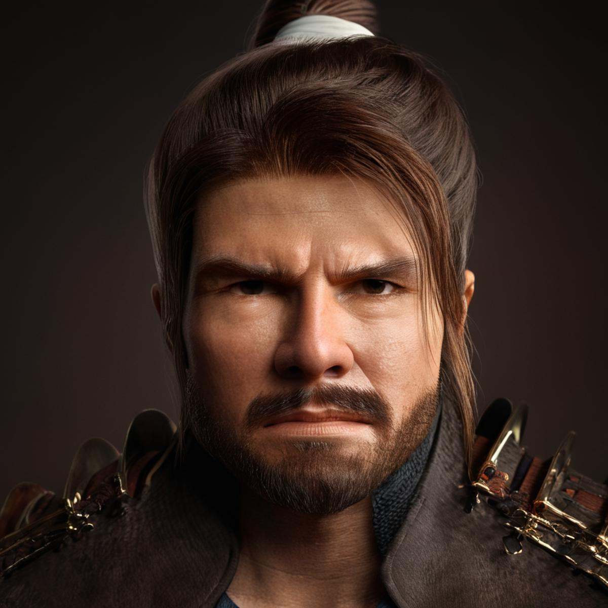 cinematic film still of Shogun tom cruise,  a closeup of a man with long hair and a beard looks at the camera,  solo on Te...