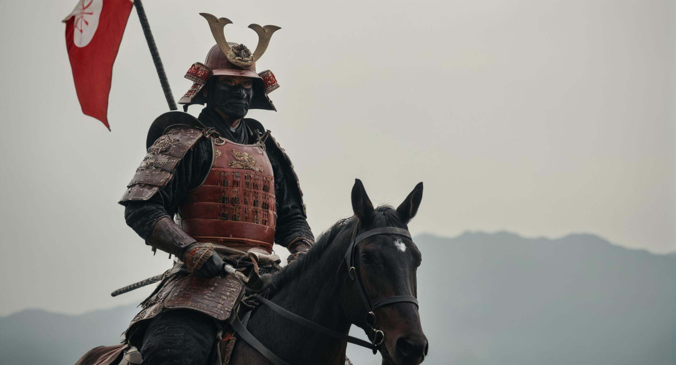 cinematic film still of Shogun a man in armor riding a horse with a flag,  solo,  simple background on Tensor.Art