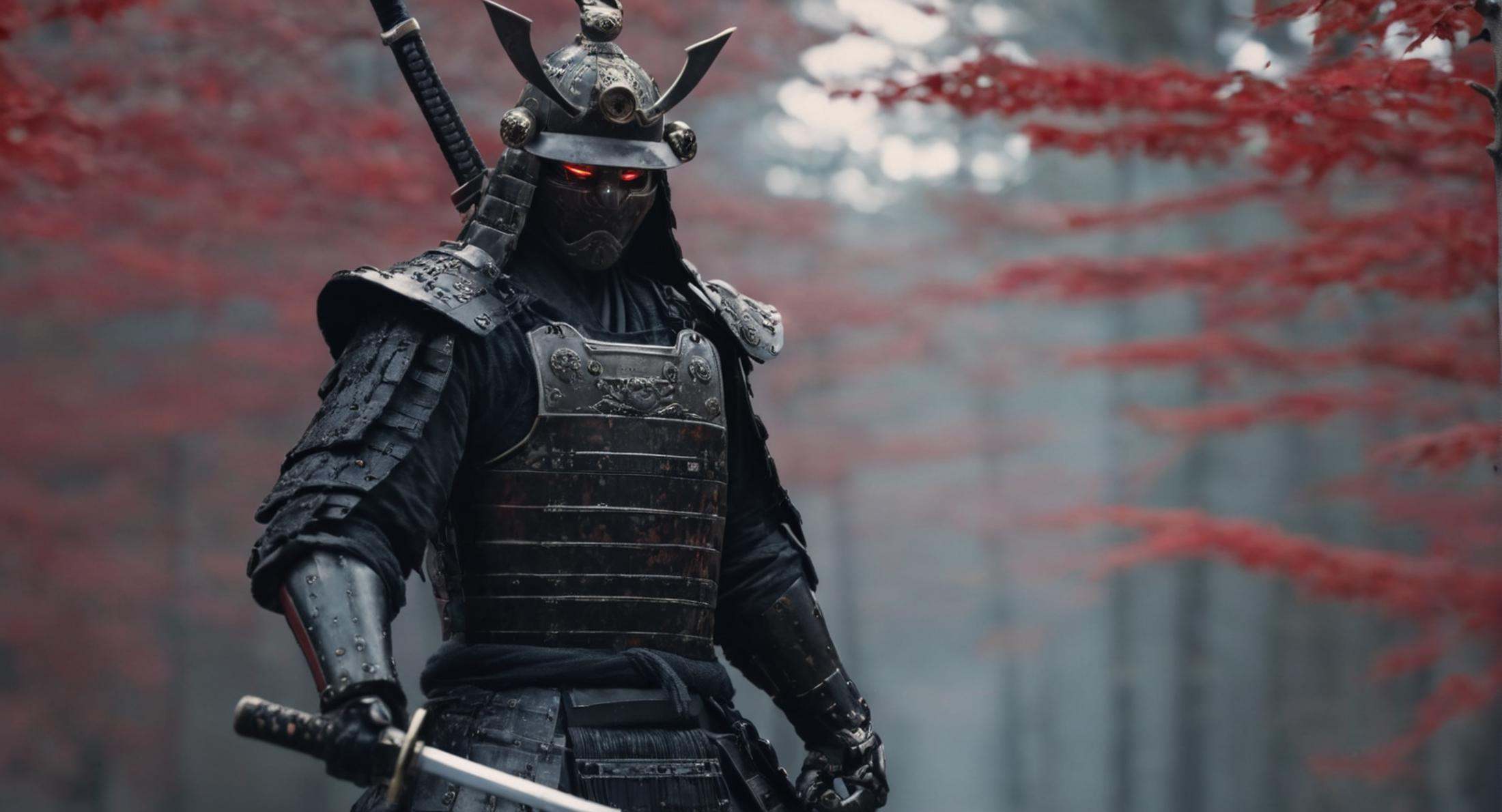 cinematic film still of Shogun a cyborg man in a hooded jacket holding two swords,  solo,  red eyes on Tensor.Art