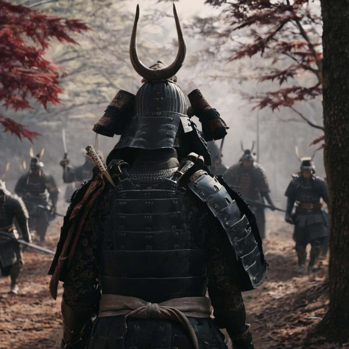 cinematic film still of Shogun a group of people in armor standing in front of a gate,  hat,  holding on Tensor.Art