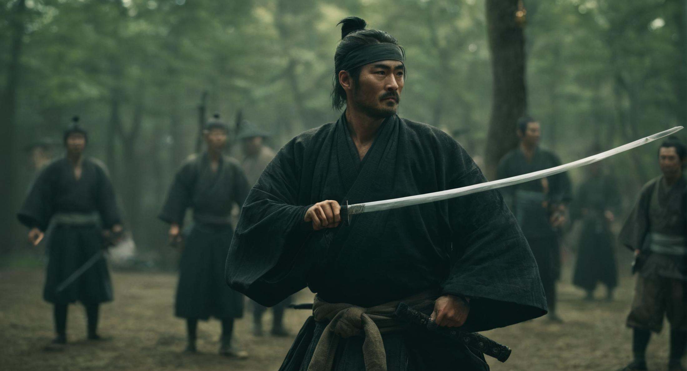cinematic film still of Shogun a man holding a sword in a village,  black hair,  holding on Tensor.Art