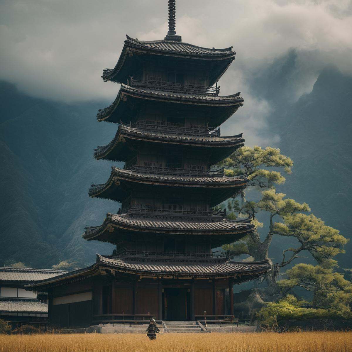 cinematic film still of Shogun a painting of a japanese style building with a mountain in the background,  outdoors,  sky...