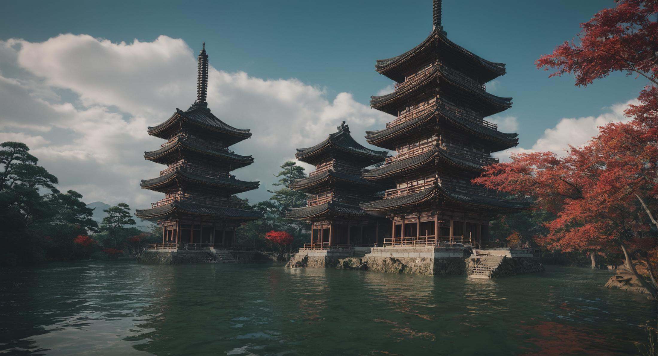 cinematic film still of Shogun a painting of a pagoda in the middle of a lake,  outdoors,  sky on Tensor.Art