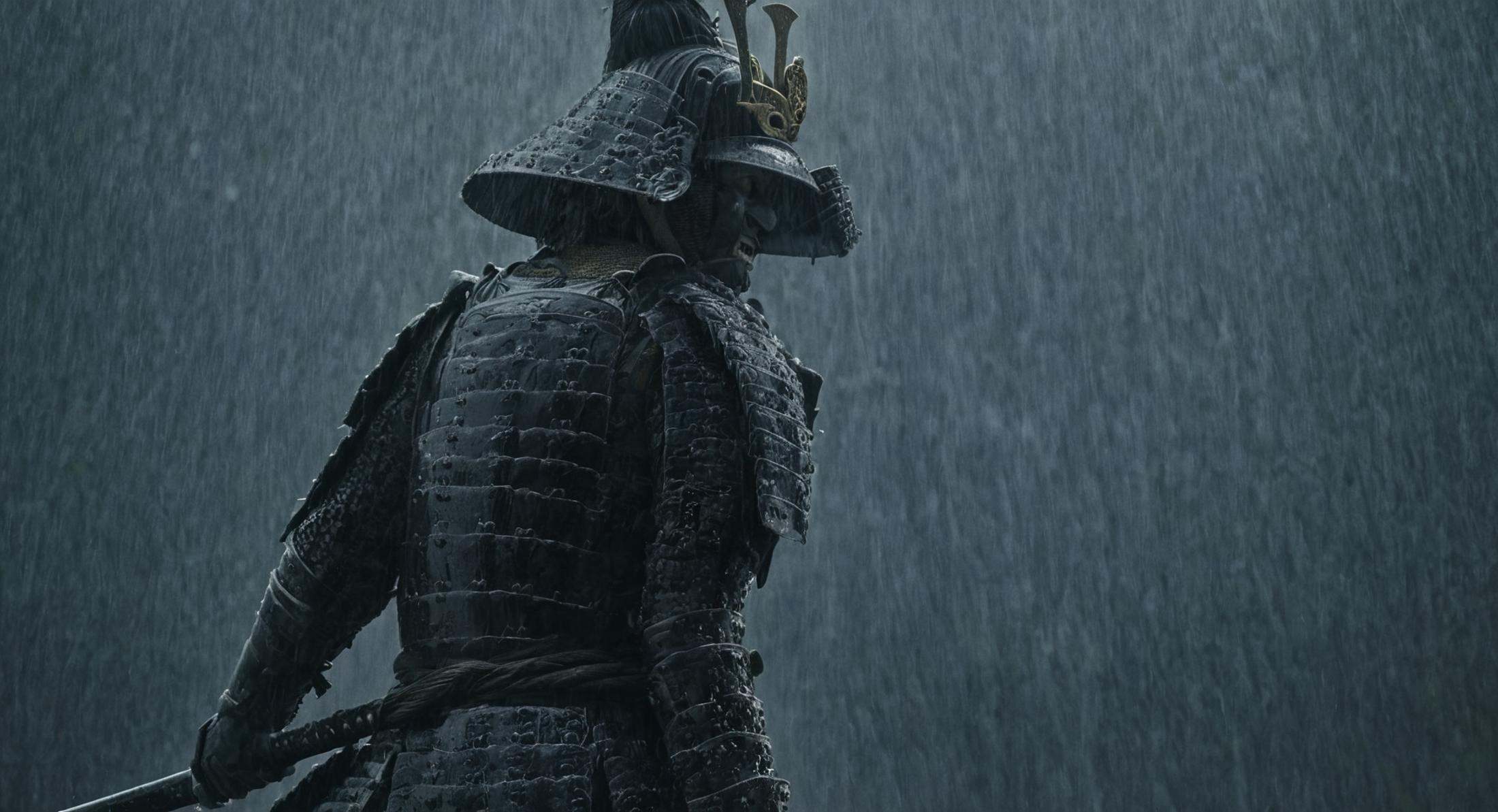 cinematic film still of Shogun two men in armor standing in the rain,  holding,  upper body on Tensor.Art