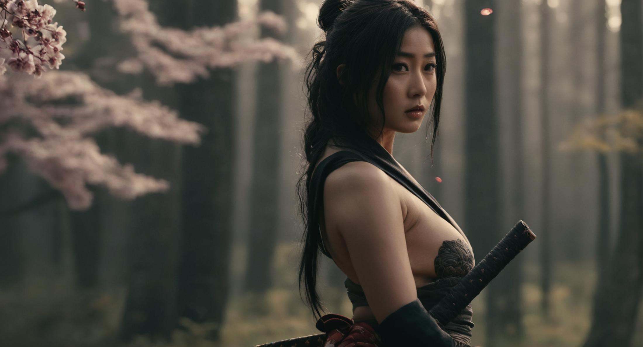 cinematic film still of Shogun a naked woman with a sword and a knife,  1girl,  solo on Tensor.Art