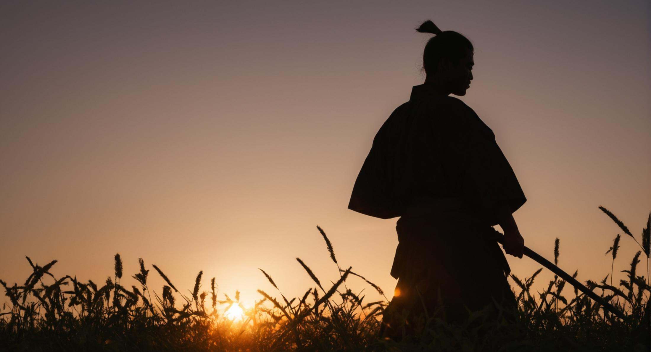 cinematic film still of Shogun a side view of a silhouette person holding a sword in a field at sunset,  solo,  1boy on Te...