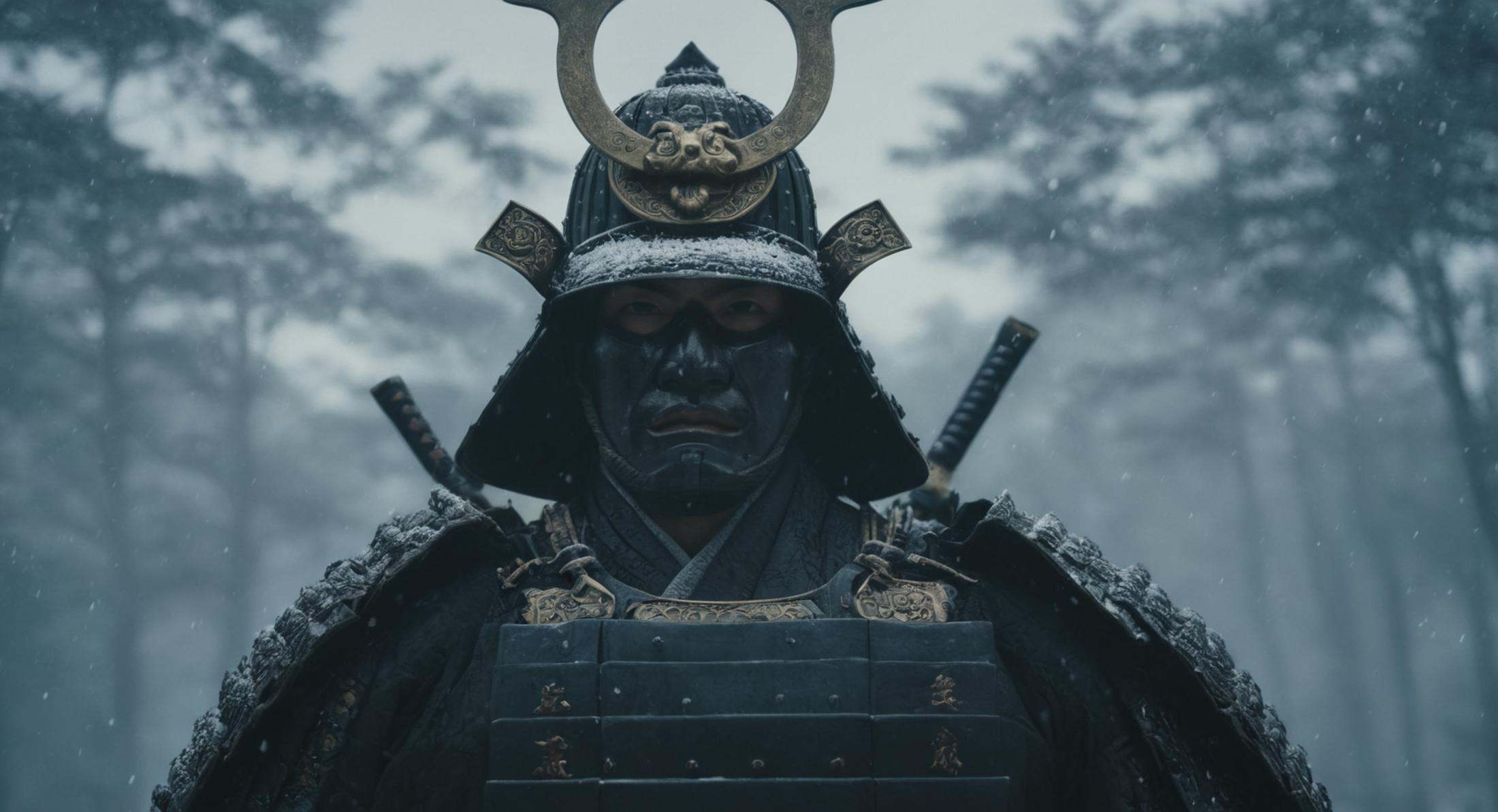 cinematic film still of Shogun a man in a samurai costume with a helmet on,  looking at viewer,  upper body on Tensor.Art