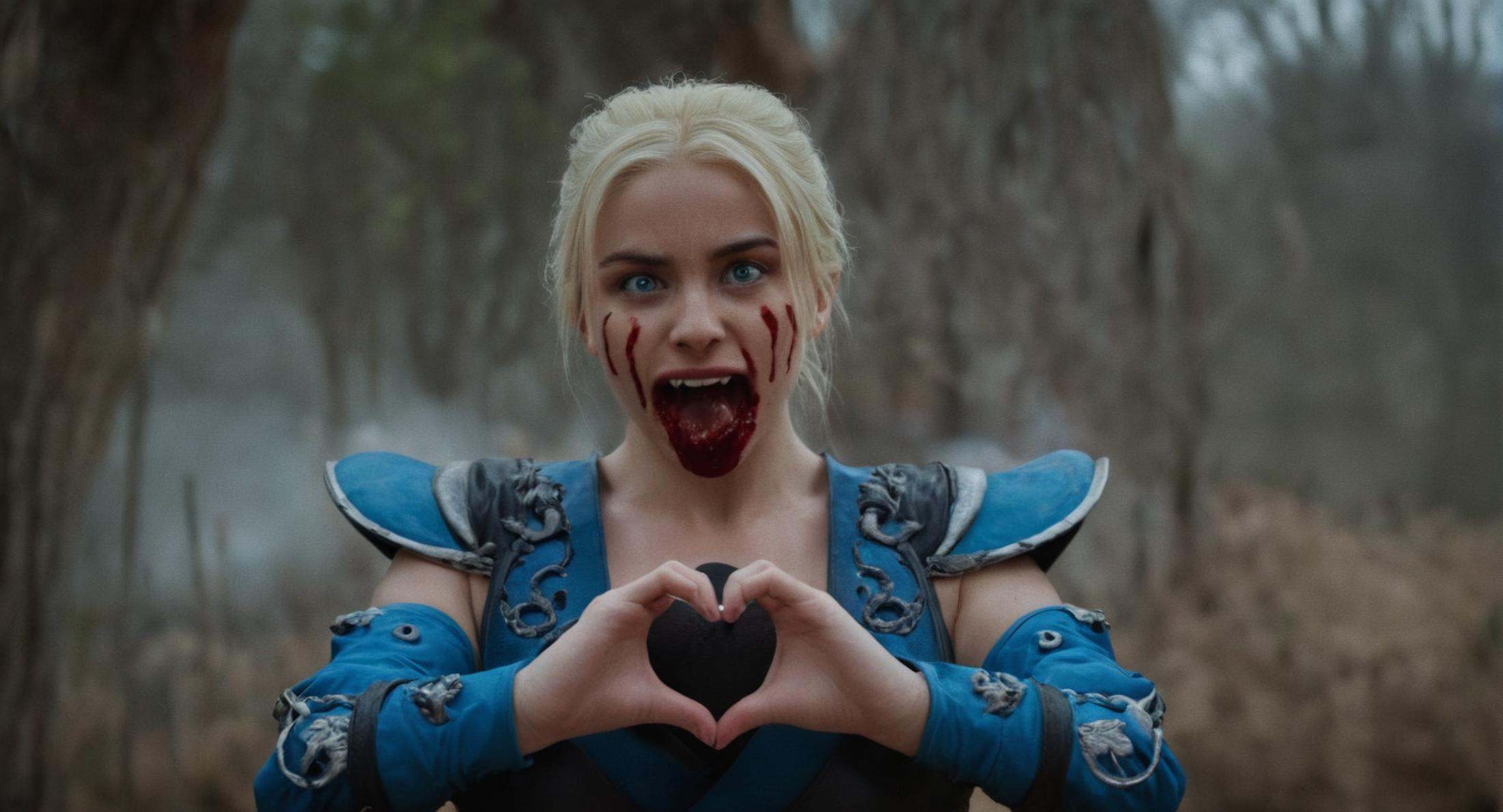 cinematic film still of Mortal Kombat style,  fictional universe consisting of numerous realms,  a woman doing Heart Hands...