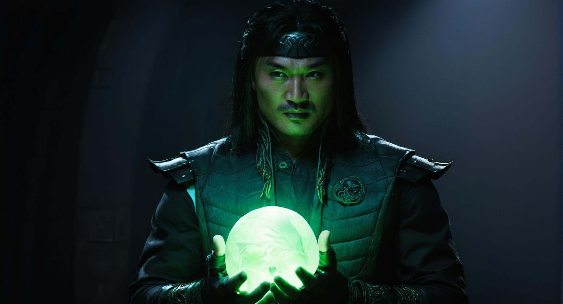 cinematic film still of Horror Shang Tsung,  Mortal Kombat style,  fictional universe consisting of numerous realms on Ten...