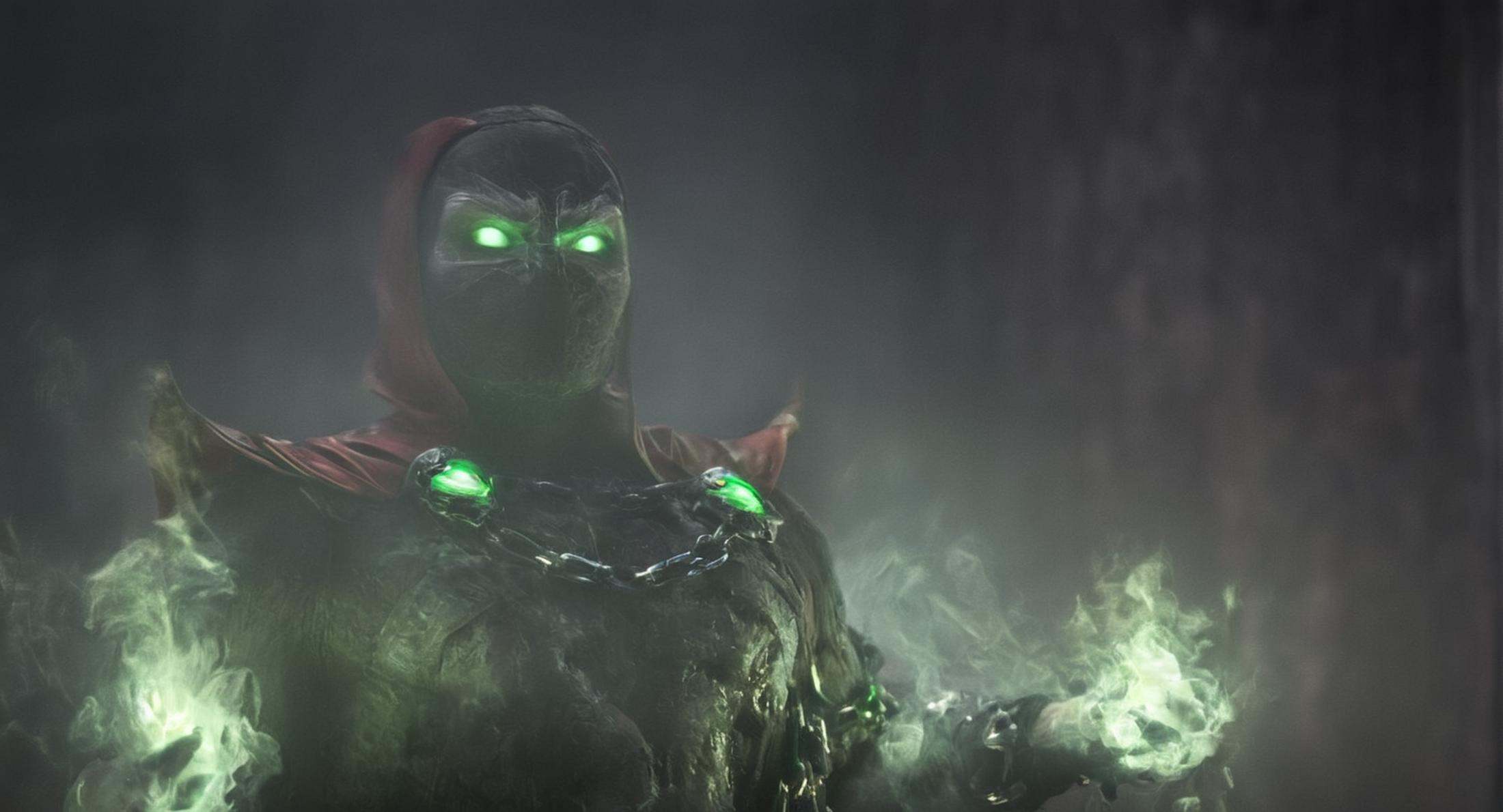 cinematic film still of Mortal Kombat style,  fictional universe consisting of numerous realms,  Spawn a demonic looking f...