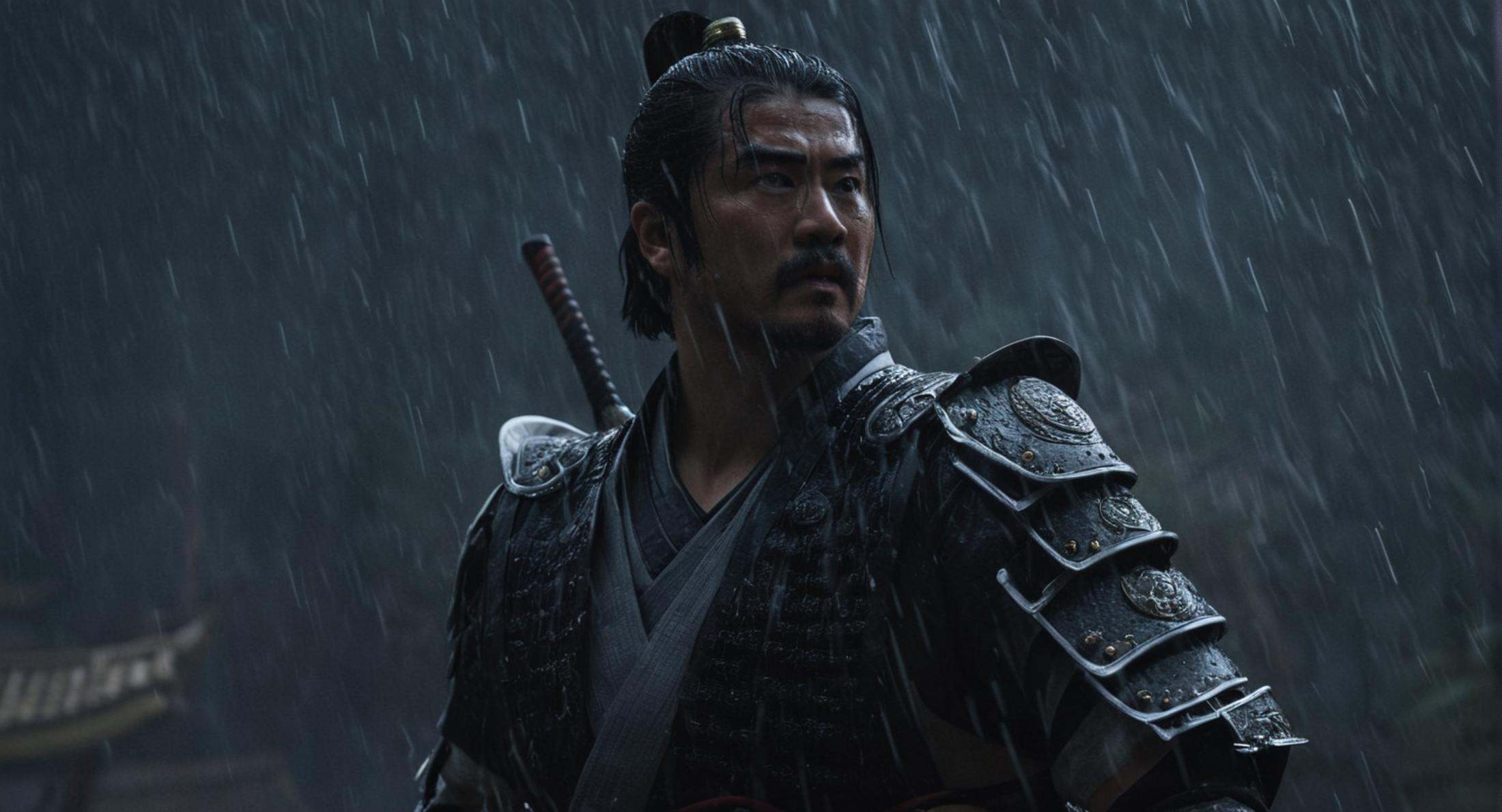 cinematic film still of Mortal Kombat style,  fictional universe consisting of numerous realms,  a man in shogun armor hol...