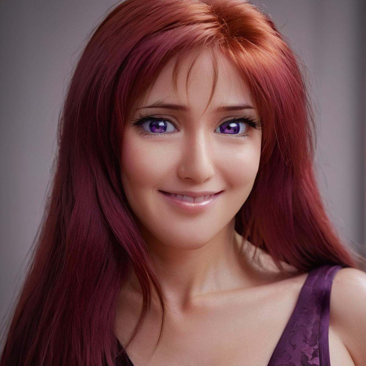 cinematic film still of Hyperrealism style Purple EyesAn award winning cinematic photo of Hiroko Takashiro a beautiful red...